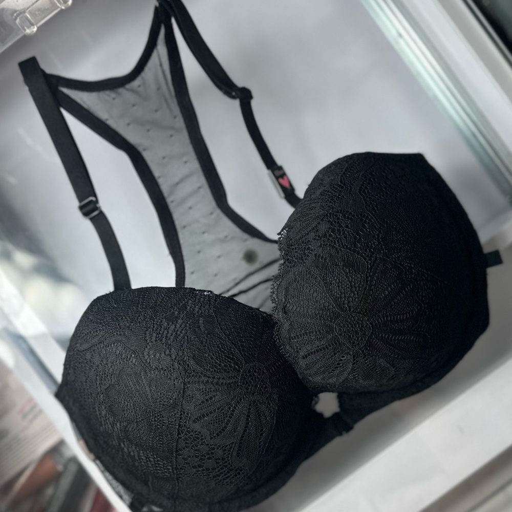 Victoria's Secret Front Close Push Up Lace Razorback Bra 32DD NWT BLACK
